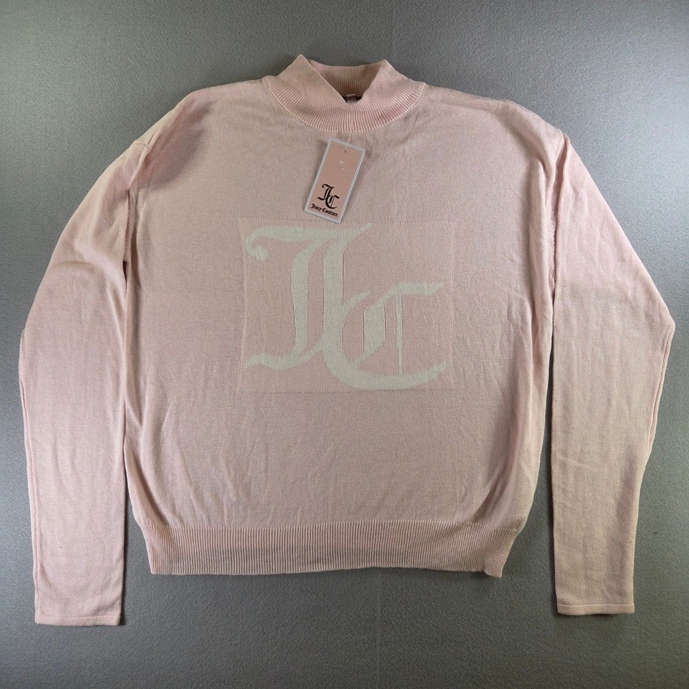NEW Juicy Couture Rose Quartz Mock Neck Intarsia Logo Sweater Pink L Coquette